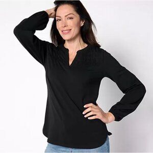 Isaac Mizrahi Live!_Y-Neck Button Front Top with Shirring Black Small